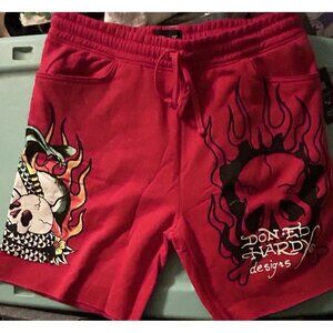 Ed Hardy Skull Snake Fire Tattoo Graphic Fleece Sweat short Red Size choose New